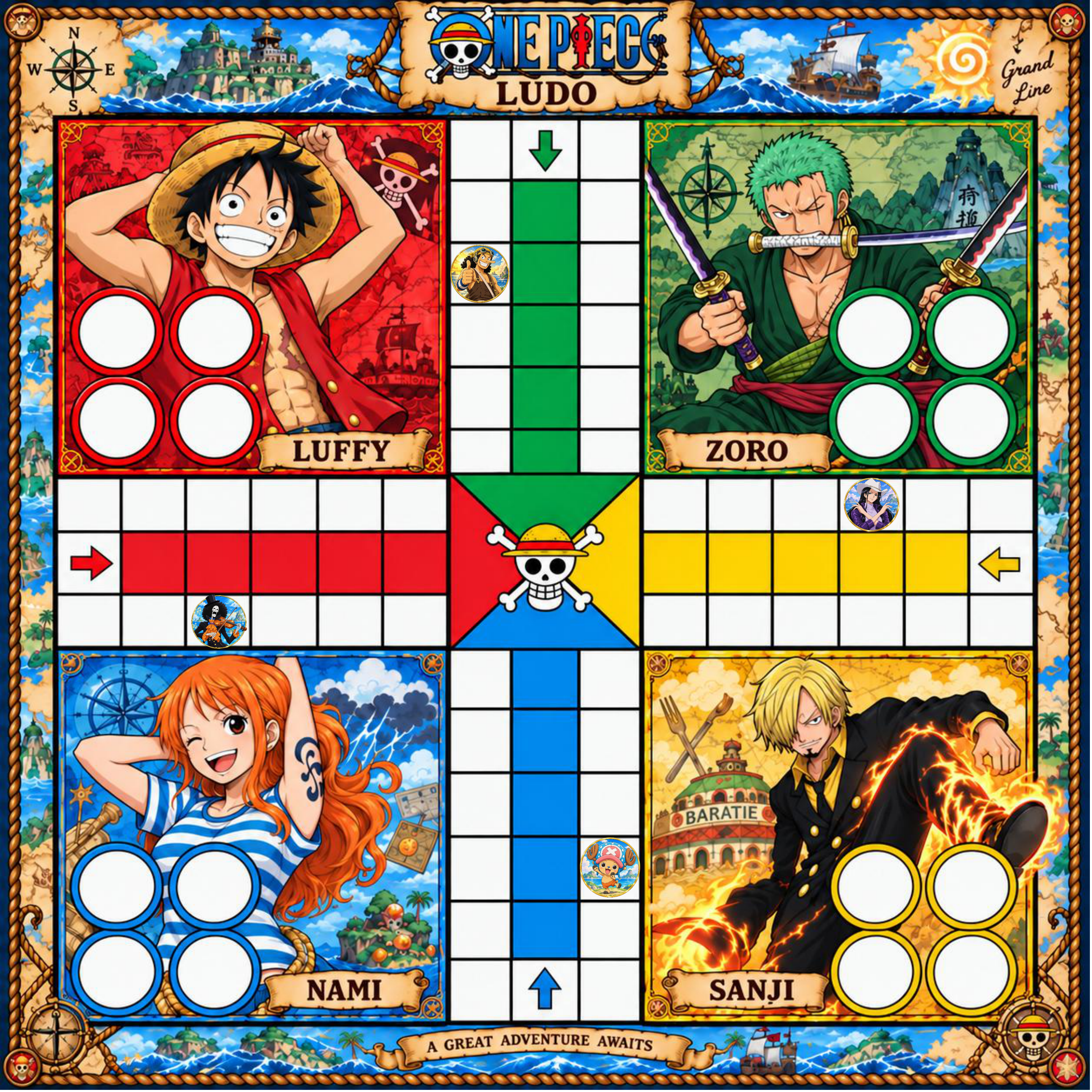 One Piece Ludo board: Luffy red, Zoro green, Nami blue and Sanji yellow